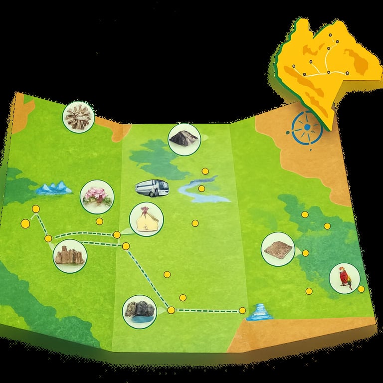 Map of Oregon showing travel destinations and attractions connected by dotted lines, with circular photo icons representing landmarks and points of interest
