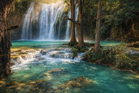 Scenic waterfall cascading into turquoise pools surrounded by tall trees