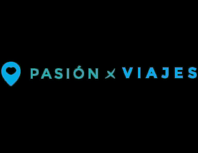 Pasion x Viajes logo with blue location pin icon and turquoise text on black background
