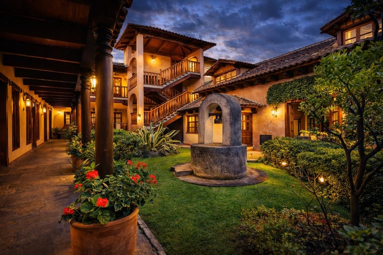 Spanish colonial courtyard with illuminated architecture at twilight