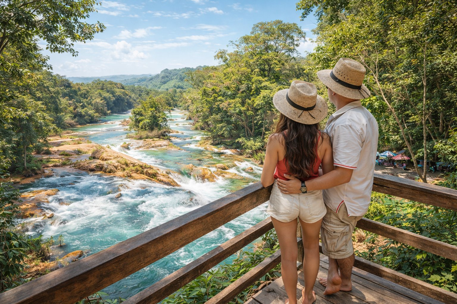 Couple wearing straw hats standing on a wooden overlook railing, overlooking a scenic turquoise river flowing through a forested valley