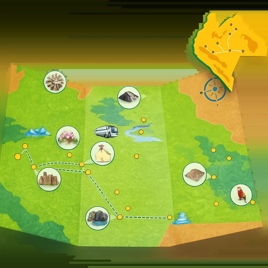 Map of Oregon with tourist attractions, landmarks, and travel route indicated by dotted lines and circular photo markers