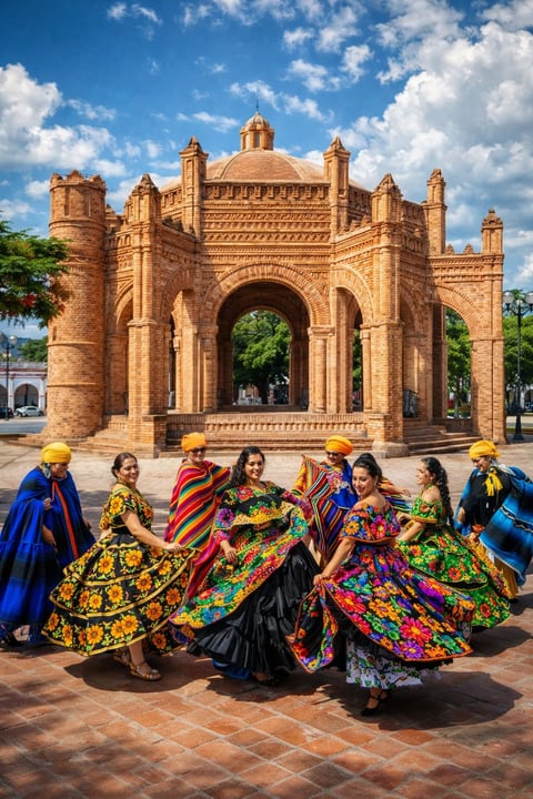 Grupo de mujeres en trajes tradicionales indígenas frente a edificio colonial