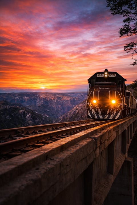 Amtrak locomotive with headlights on railroad tracks overlooking the Grand Canyon at sunset with dramatic orange and pink sky