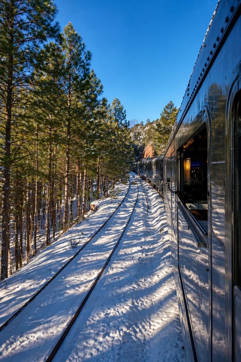 Train traveling through snowy pine forest on railroad tracks under clear blue sky