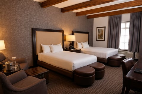 Modern hotel room with two queen beds, dark wood frames with beige bedding, contemporary furnishings, warm lighting, and elegant decor