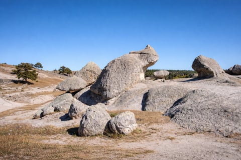 Large granite boulders scattered across a dry, sandy landscape under a clear blue sky in a rocky terrain
