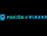 Pasion x Viajes logo with blue location pin icon on black background